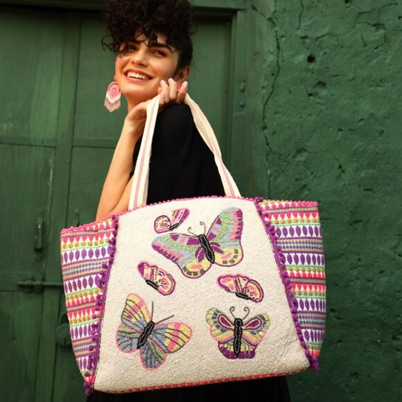 America & Beyond Rosebloom Butterfly Beaded Zip Tote Bag Handbag Pink Cream NEW - Picture 1 of 9